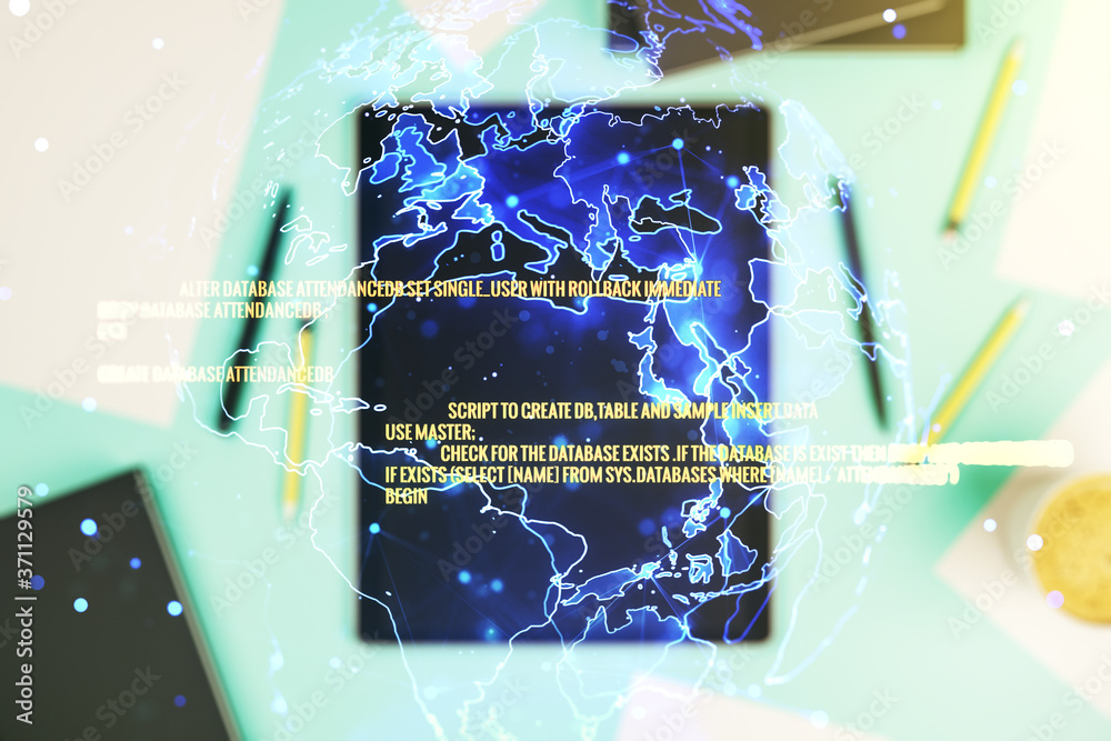 Poster double exposure of abstract creative programming illustration with world map and modern digital tabl