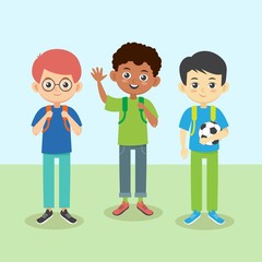 Group of three school boys smiling. Multiethnic cute kids with backpacks vector illustration.