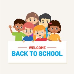 Back to school banner with school children boys and girls. Smiling multiracial pupils 