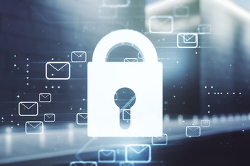 Abstract virtual lock illustration with postal envelopes on blurry contemporary office building...