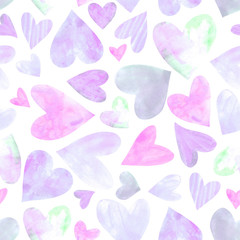 Seamless pattern with watercolor hearts. Romantic love hand drawn backgrounds texture. For greeting cards, wrapping paper, wedding, birthday, fabric, textile, Valentines Day, mothers Day, easter