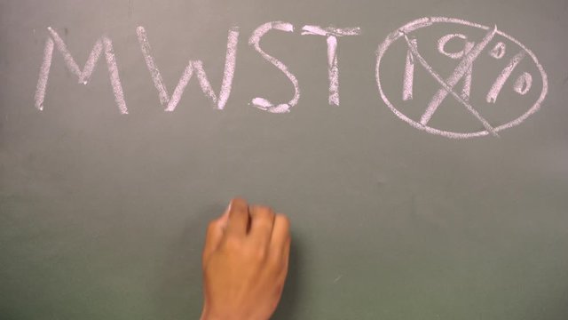 Concept of MWST or Mehrwertsteuer tax decrease or change from 19 percent to16 % showing by writing on chlk board.