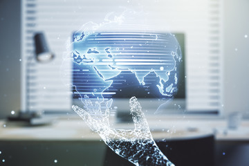 Multi exposure of abstract graphic world map on computer background, connection and communication concept