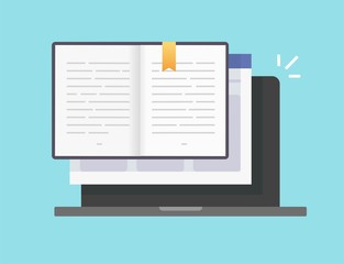 Book or notepad digital vector open online pages with text icon, electronic notebook or textbook paper with bookmark on laptop computer flat cartoon illustration