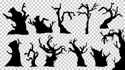 Set of silhouettes Collection Halloween tree. Vector illustration, halloween silhouettes icons and characters