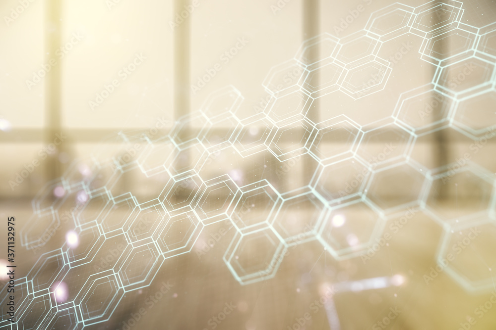 Poster double exposure of abstract virtual technology hologram with hexagon on empty corporate office backg