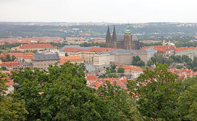 Fototapeta na wymiar Prague, Czech Republic on july 8, 2020; Prague cityscape. Skyline on a rainy day, Czech Republic