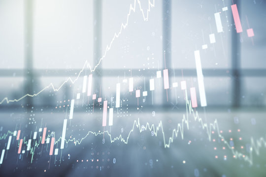 Multi exposure of virtual creative financial chart hologram on empty modern office background, research and analytics concept
