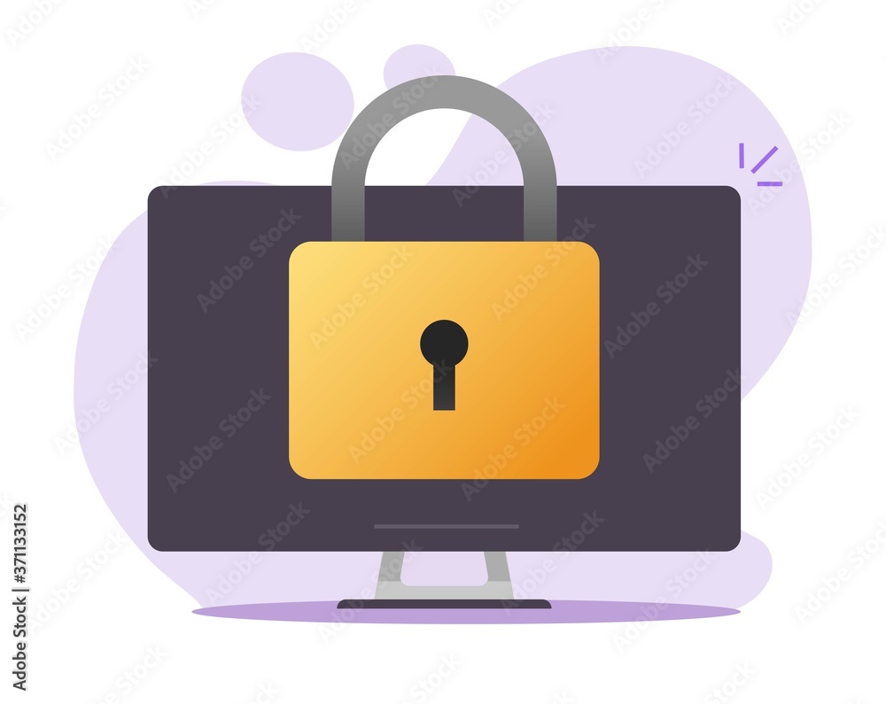 Poster computer secure lock closed on screen or protected desktop pc access via padlock vector flat cartoon