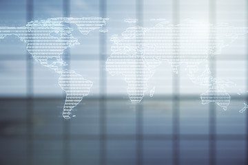 Obraz premium Multi exposure of abstract graphic world map hologram on abstract empty interior background, connection and communication concept