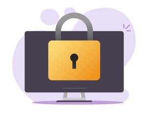 Computer secure lock closed on screen or protected desktop pc access via padlock vector flat cartoon icon, internet protection online technology, digital security or cyber privacy