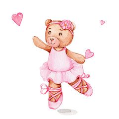 Fototapeta na wymiar Cute cartoon bear ballerina in pink dress and pink heart; watercolor hand draw ilustration; can be used for baby shower or cards; with white isolated background