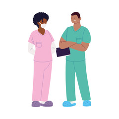 woman and man doctors with mask and uniforms vector design