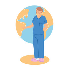 woman doctor with uniform in front of world sphere vector design