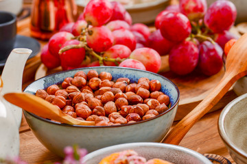 Traditional Georgian sweets and desserts with hazelnuts, walnuts, grape juice, honey, chocolate.