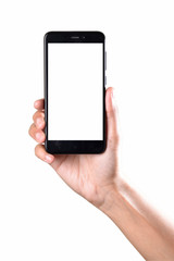 hand holding mobile phone isolated on white background