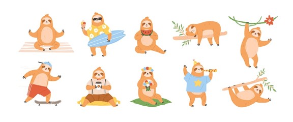 Collection of funny lazy playing sloth with coffee and in clothes. Animal character sleeping, napping or hanging in jungle. Summer relaxing flat vector cartoon illustration isolated on white