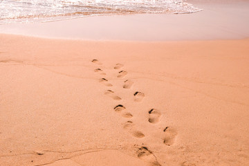 Human footprints leading away from the viewer into the sea. Empty beach, tourism concept, travelling.