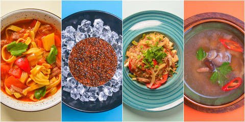 Food collage. Web design banner. Different delicious dishes, desserts. Collection of food dishes.
