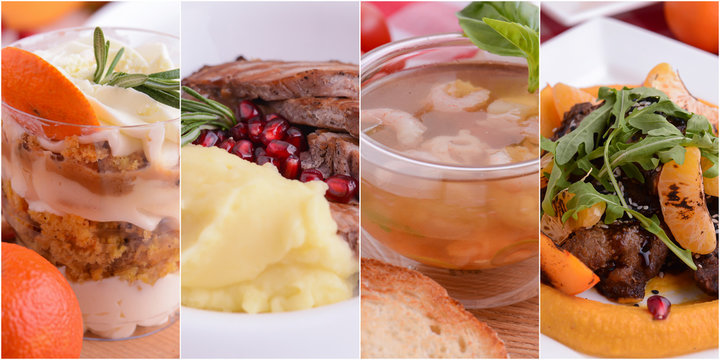 Food collage. Web design banner. Different delicious vegetable and fruit salads, meat, soup.