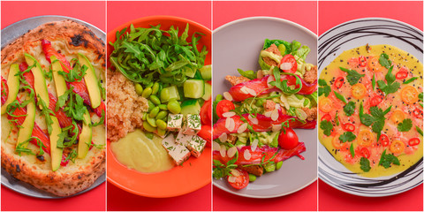 Food collage. Web design banner. Different delicious vegetable and fruit salads, meat, soup.