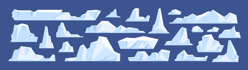 Set of floating glacier, iceberg in north sea or arctic ocean. Melting ice peak, rocks in antarctica. Natural icy mountains of snow in winter. Flat vector cartoon illustration isolated on blue © Good Studio
