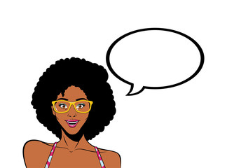 retro black afro woman cartoon with glasses and bubble vector design