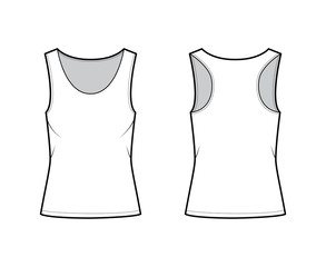 Racer-back cotton-jersey tank technical fashion illustration with relax fit, wide scoop neckline. Flat outwear cami apparel template front, back white color. Women men unisex shirt top CAD mockup 
