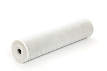 carbon filter for water purification with a mesh structure of fishing line, replaceable cartridge for drinking water purification system close up on white background. - Image