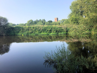 Fototapeta na wymiar A view of Holt Church across the River Dee