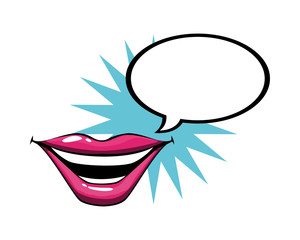 female and pink pop art mouth with explosion and bubble vector design