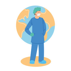 man doctor with mask and uniform in front of world sphere vector design