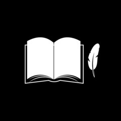 Old vintage open book and ink pen flat icon isolated on dark background