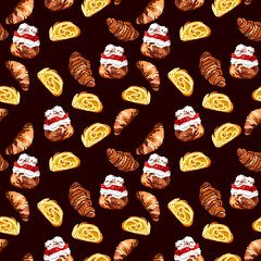 Seamless pattern with bakery, croissant and cakes