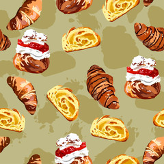 Seamless pattern with croissant and cakes. Bakery set