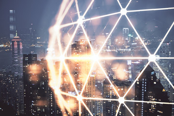 Multi exposure of social network theme drawing and cityscape background. Concept of people connecton.