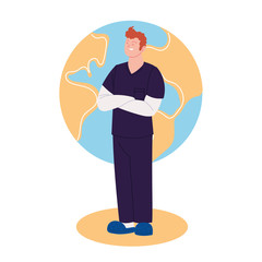 man doctor with uniform in front of world sphere vector design
