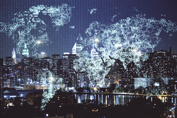 Obraz premium Multi exposure of social network theme drawing and cityscape background. Concept of people connecton.