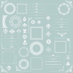Vintage set of vector horizontal, square and round elements. White elements for backgrounds, frames and monograms. Classic patterns. Set of vintage patterns
