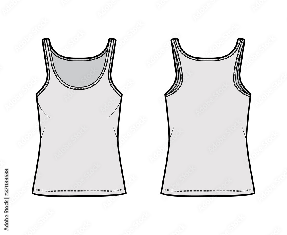 Wall mural Cotton-jersey tank technical fashion illustration with scoop neck, relaxed fit, tunic length. Flat outwear basic camisole apparel template front back grey color. Women men unisex shirt top CAD mockup - Wall murals