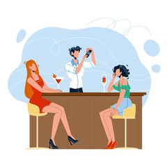 Barman Making Alcoholic Cocktail For Women Vector
