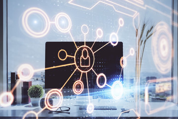 Computer on desktop with social network hologram. Double exposure. Concept of international people connections.
