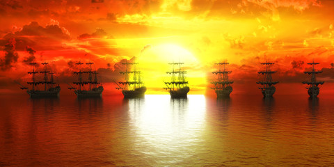 Fototapeta na wymiar sunset, group of ships against the setting sun
