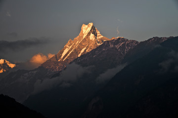 Dusk view of Mt Machapuchare in Nepal