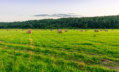 Fototapeta premium Scenic view at beautiful sunset in green shiny field with hay stacks, bright cloudy sky, country road and golden sun rays with glow, summer valley landscape