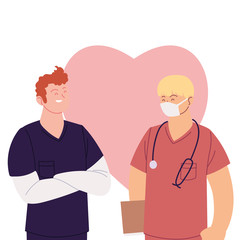 men doctors with mask and uniforms in front of heart vector design