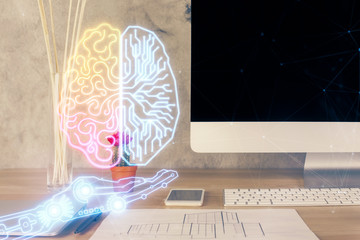Double exposure of desktop computer and human brain drawing hologram. Ai concept.