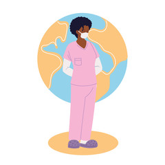 woman doctor with mask and uniform in front of world sphere vector design