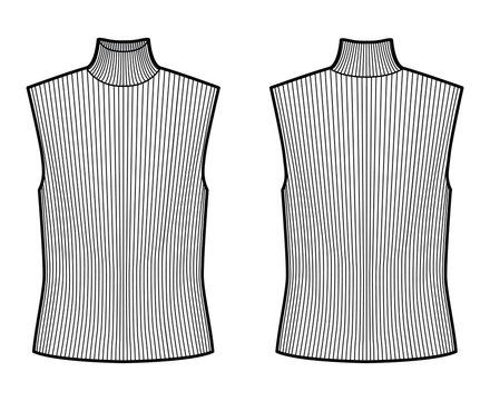 Turtleneck rib sweater technical fashion illustration with oversized body, sleeveless jumper. Flat shirt apparel template front, back, white color. Women, men unisex top CAD mockup