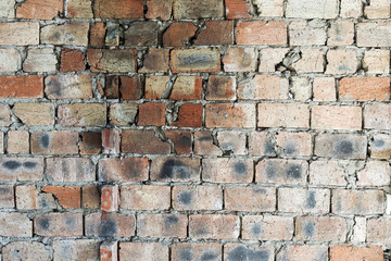 Abstract background old white brick wall with cracks and scratches. Landscape style. Great background or texture.